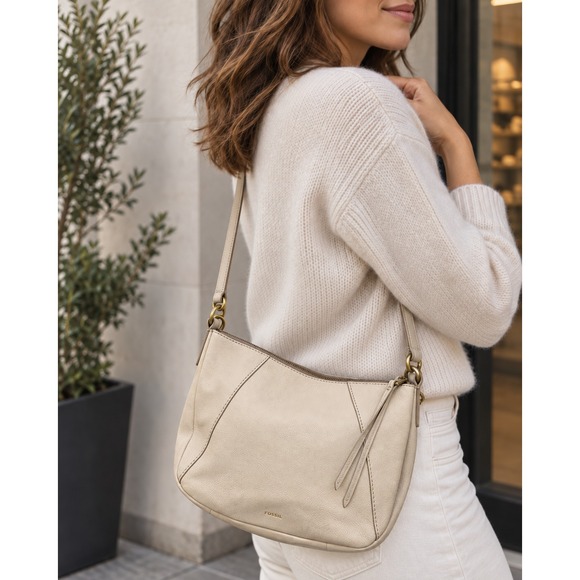 Fossil Handbags - Fossil Skylar Cowhide Leather Crossbody Shoulder Bag Cream Detachable Long Strap